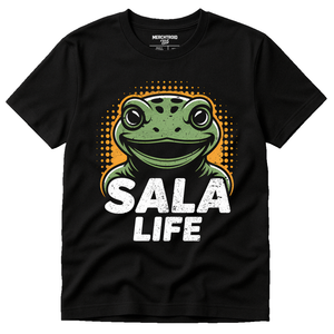 Black Salamanders T Shirt - "Sala Life" graphic tee with gold print, flat lay product photo