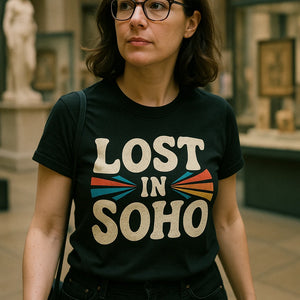 "Lost in Soho" black london shirts, photographed as gifts for london lovers