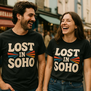 Person wearing the black london shirts graphic tee - "Lost in Soho" design