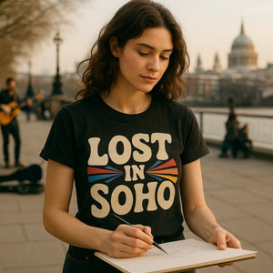 Lifestyle shot of the "Lost in Soho" black london shirts in a real-world setting