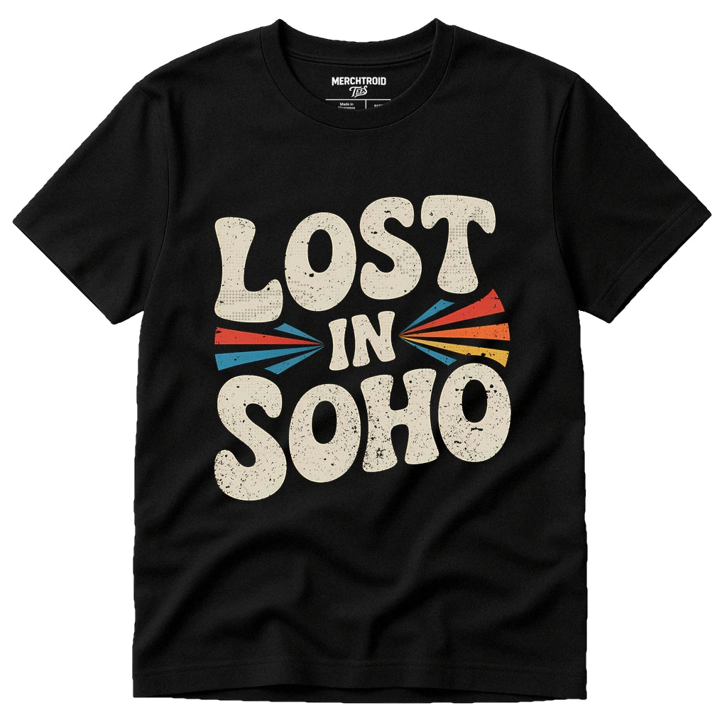 Black London Shirts - "Lost in Soho" graphic tee with beige print, flat lay product photo