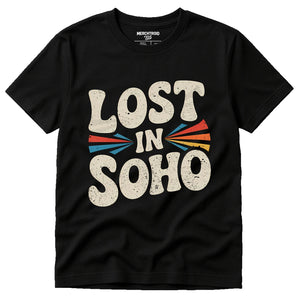 Black London Shirts - "Lost in Soho" graphic tee with beige print, flat lay product photo