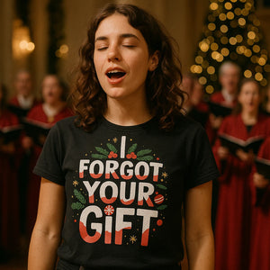 Lifestyle shot of the "I Forgot Your Gift" black christmas tee shirts in a real-world setting