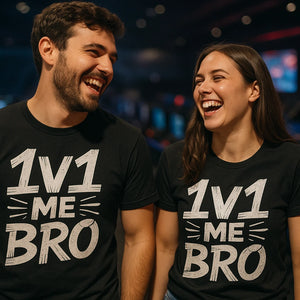 Person wearing the black esport shirts graphic tee - "1V1 Me Bro" design