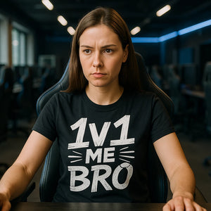 Lifestyle shot of the "1V1 Me Bro" black esport shirts in a real-world setting