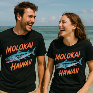 Person wearing the black barracuda shirts graphic tee - "Molokai Hawaii" design