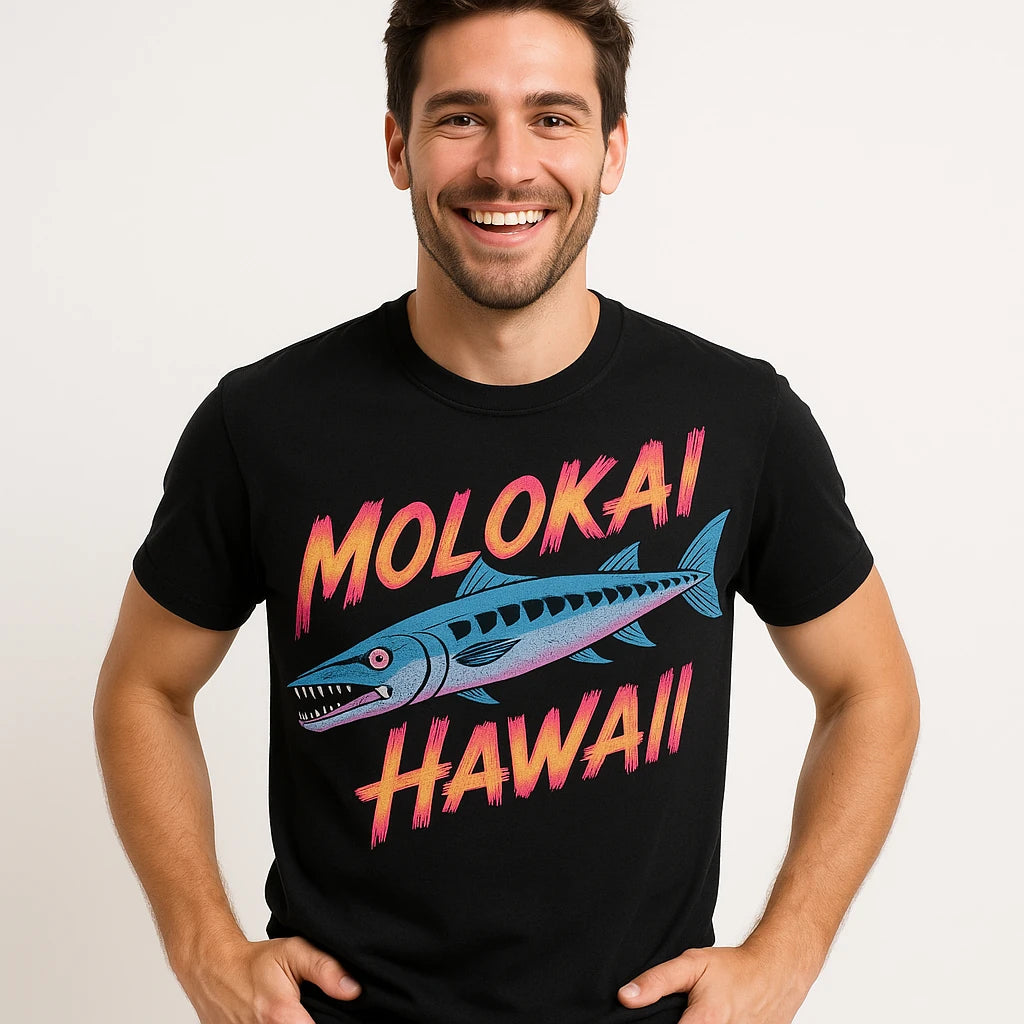 Close-up of the "Molokai Hawaii" orange print on a premium Bella+Canvas black barracuda shirts