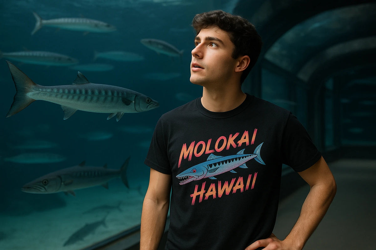 Lifestyle shot of the "Molokai Hawaii" black barracuda shirts in a real-world setting