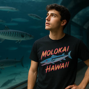 Lifestyle shot of the "Molokai Hawaii" black barracuda shirts in a real-world setting