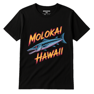 Black Barracuda Shirts - "Molokai Hawaii" graphic tee with orange print, flat lay product photo