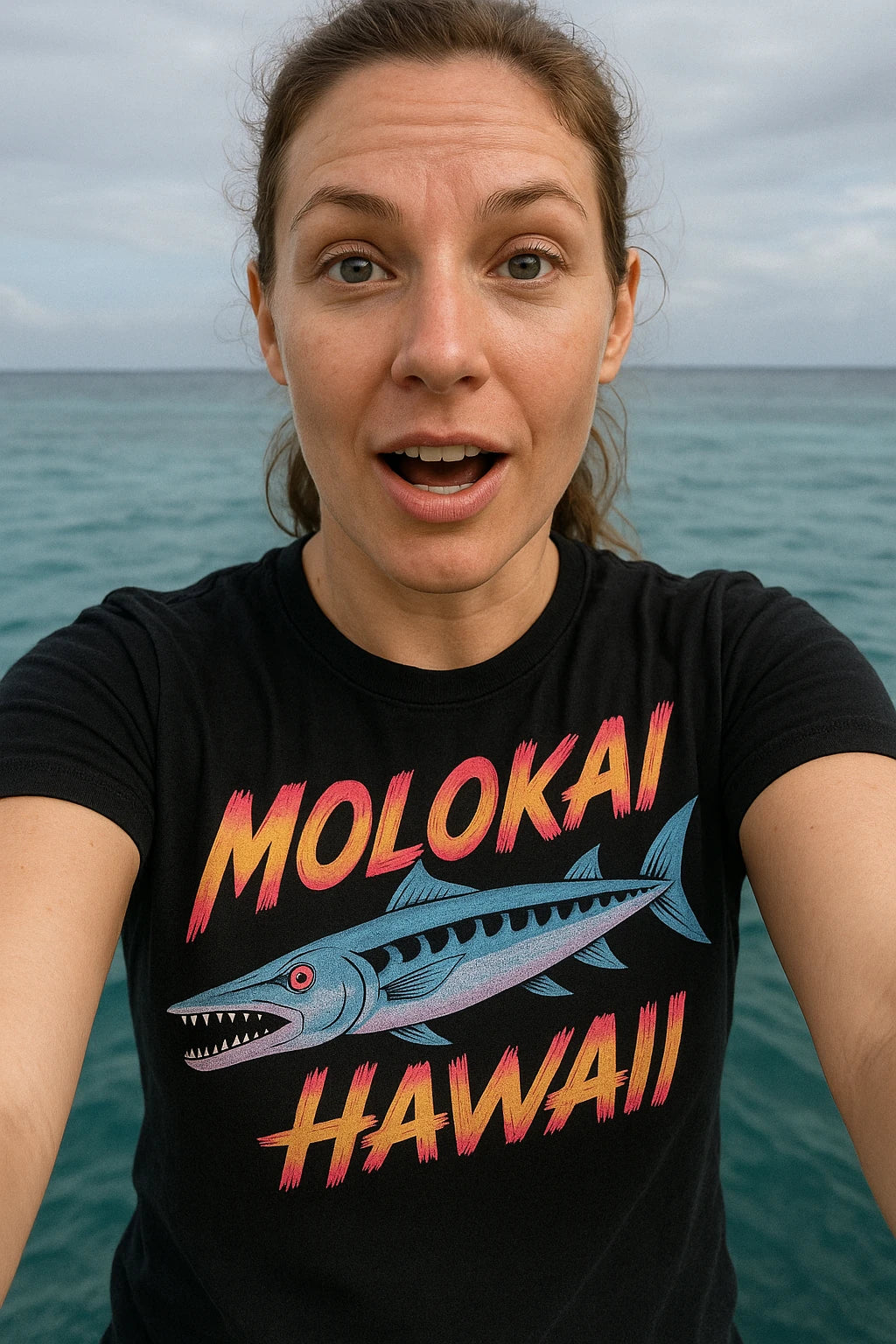 "Molokai Hawaii" black barracuda shirts, photographed as barracuda lover gift