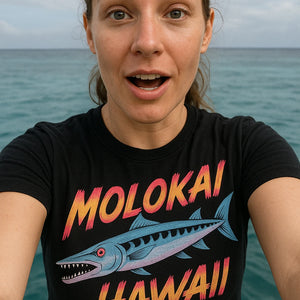 "Molokai Hawaii" black barracuda shirts, photographed as barracuda lover gift