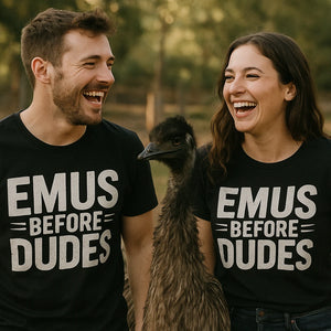Person wearing the black emus t shirt graphic tee - "Emus Before Dudes" design