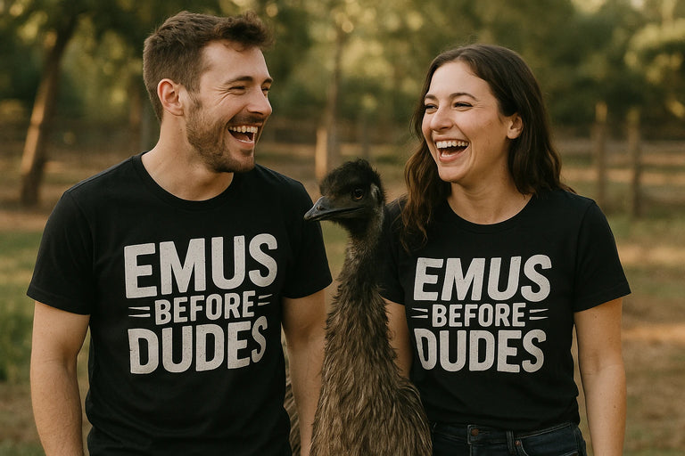 Person wearing the black emus t shirt graphic tee - 