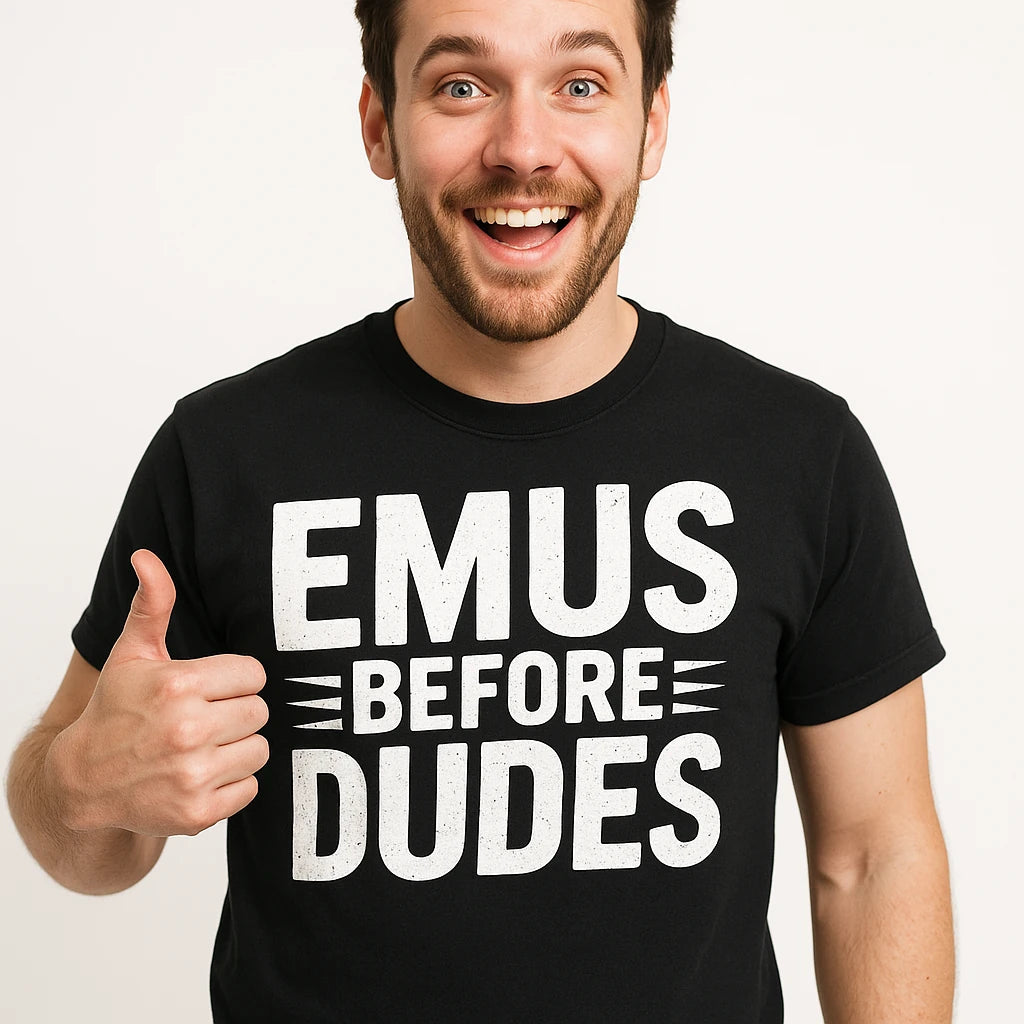 Close-up of the "Emus Before Dudes" white print on a premium Bella+Canvas black emus t shirt