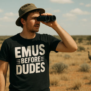 Lifestyle shot of the "Emus Before Dudes" black emus t shirt in a real-world setting