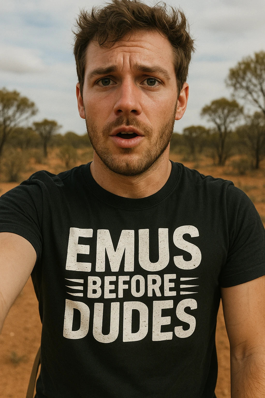 "Emus Before Dudes" black emus t shirt, photographed as emus lover gift