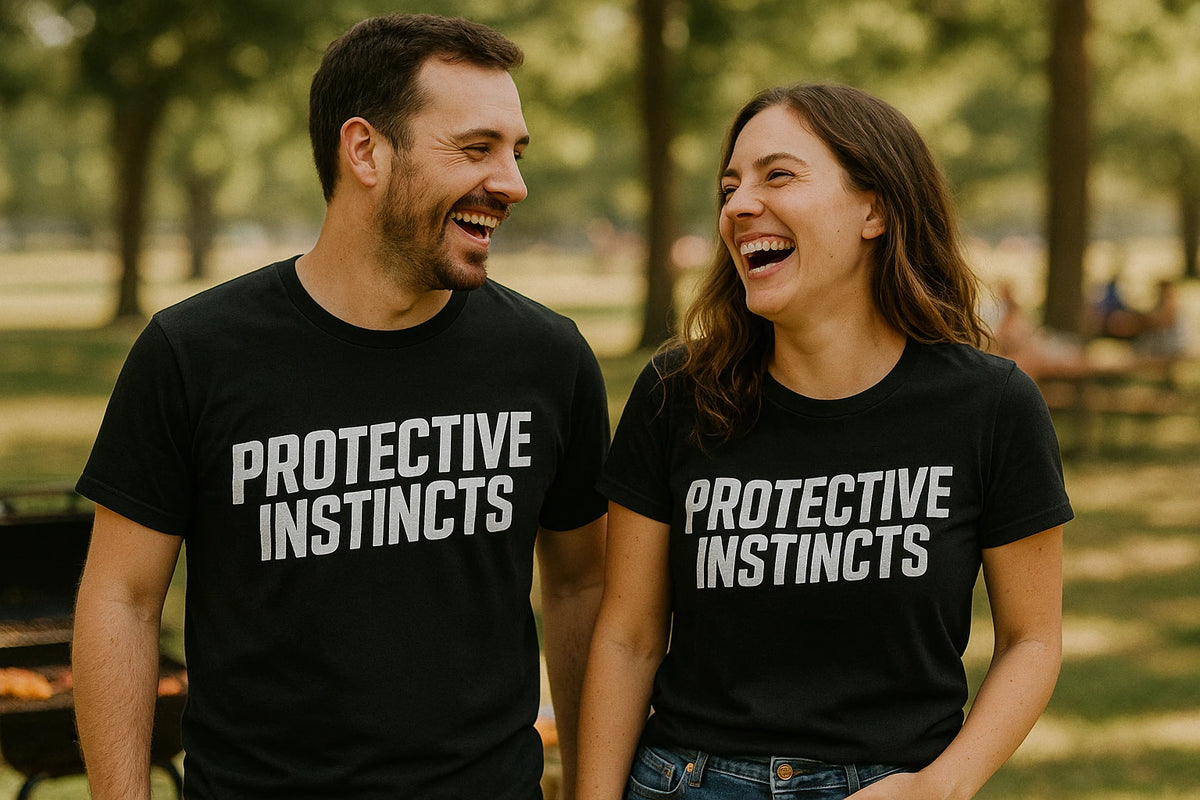 Person wearing the black dad son matching shirts graphic tee - "Protective Instincts" design
