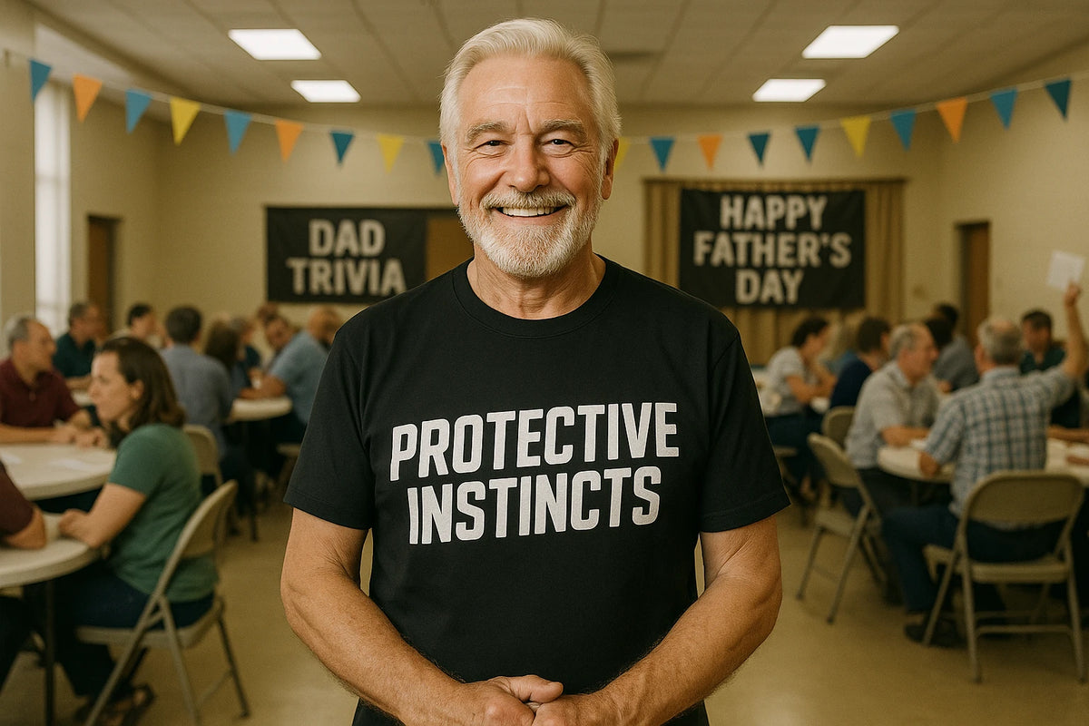 Lifestyle shot of the "Protective Instincts" black dad son matching shirts in a real-world setting