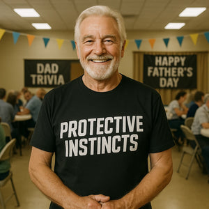 Lifestyle shot of the "Protective Instincts" black dad son matching shirts in a real-world setting