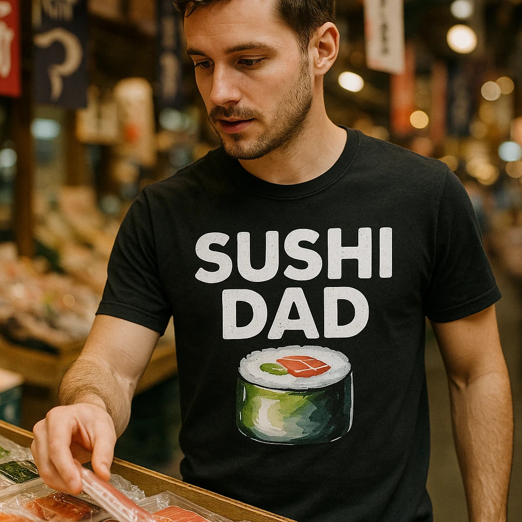 A person is wearing a black T-shirt with the text "SUSHI DAD" and an illustration of a sushi roll. They are standing in a market, looking at seafood items on display.