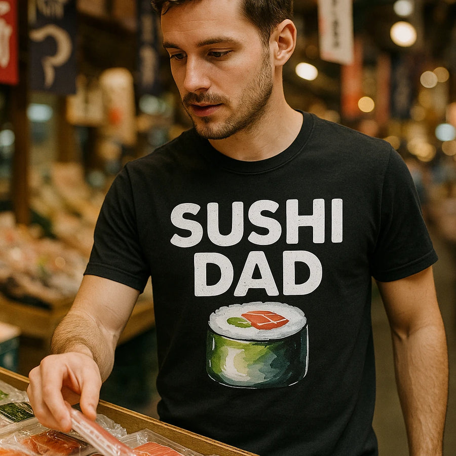 A person is wearing a black T-shirt with the text "SUSHI DAD" and an illustration of a sushi roll. They are standing in a market, looking at seafood items on display.