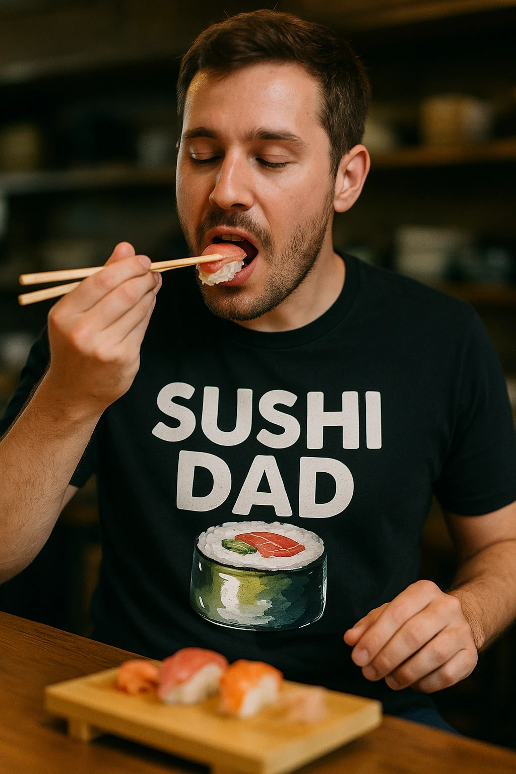 A person with short hair is holding chopsticks and eating sushi. They are wearing a black t-shirt with the text "SUSHI DAD" and an illustration of a sushi roll on it. In front of them is a wooden board with pieces of sushi.