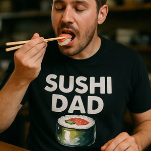 "Sushi Dad" black i love sushi t shirt, photographed as gifts for a sushi lover