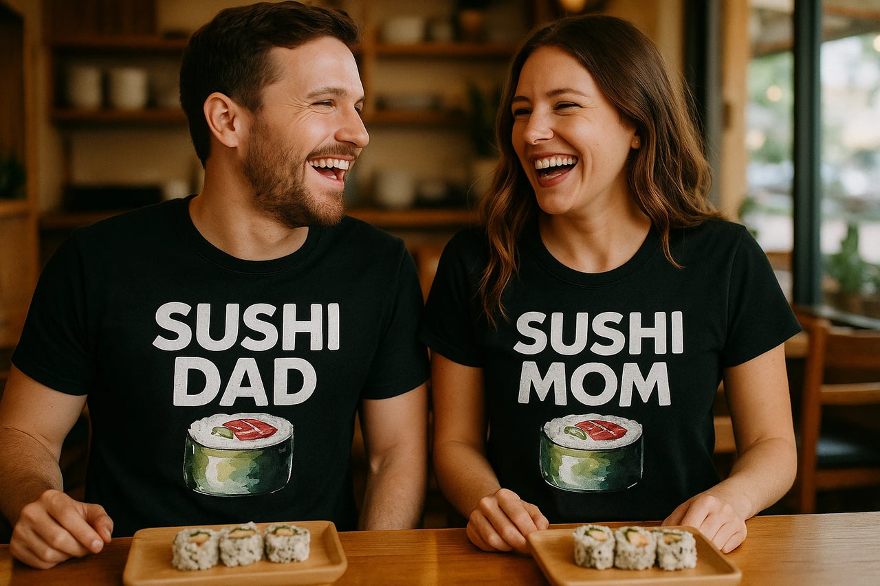 A man and woman are sitting side by side at a table, both wearing black t-shirts with sushi illustrations. The man’s shirt reads “SUSHI DAD” and the woman’s shirt reads “SUSHI MOM.” They are smiling and looking at each other, each with a plate of sushi rolls in front of them.