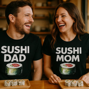 Person wearing the black i love sushi t shirt graphic tee - "Sushi Dad" design