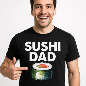 Close-up of the "Sushi Dad" white print on a premium Bella+Canvas black i love sushi t shirt