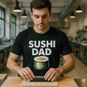 Lifestyle shot of the "Sushi Dad" black i love sushi t shirt in a real-world setting