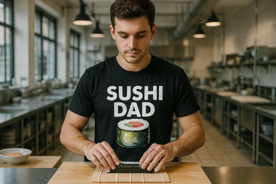 A person wearing a black T-shirt with the text "SUSHI DAD" and an image of a sushi roll. They are in a kitchen, focused on preparing a sushi roll on a bamboo mat. The kitchen has modern industrial lighting and large windows.