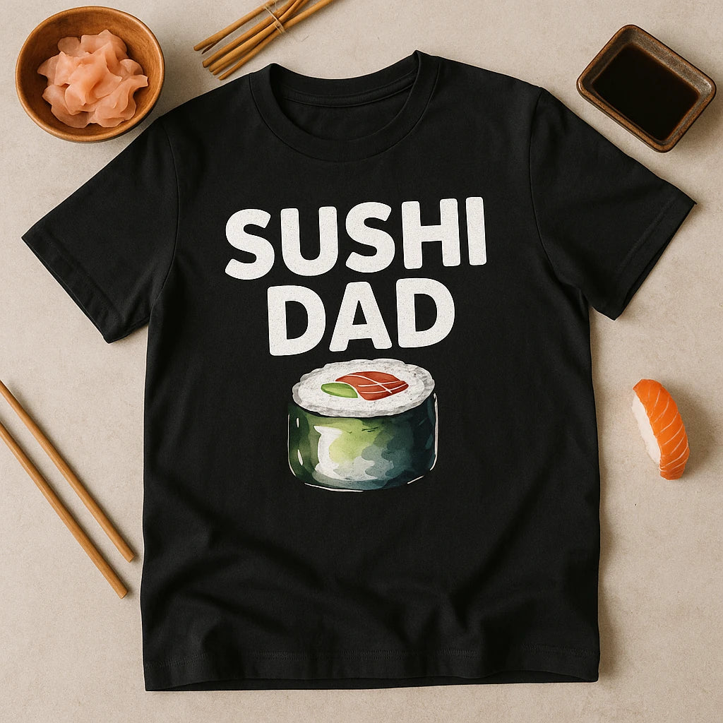 A black t-shirt is laid flat, featuring the text "SUSHI DAD" in bold white letters above an illustration of a sushi roll with rice, seaweed, and a piece of fish. The shirt is surrounded by sushi-related props, including chopsticks, a soy sauce dish, a piece of sushi, and a bowl of pickled ginger on a beige background.