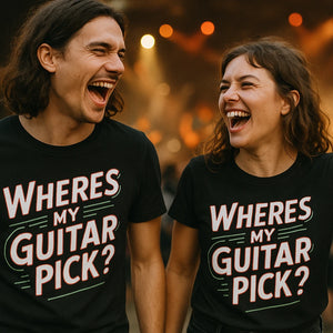 Person wearing the black rock music t shirt graphic tee - "Wheres My Guitar Pick" design