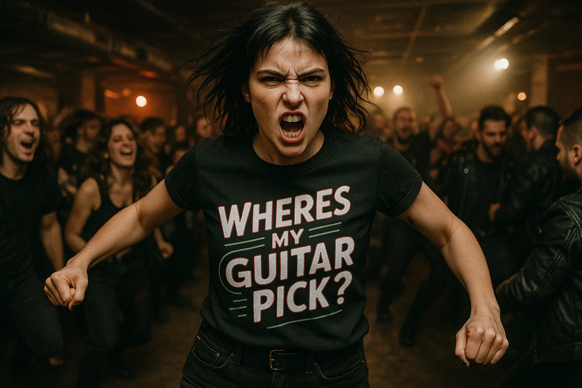 Lifestyle shot of the "Wheres My Guitar Pick" black rock music t shirt in a real-world setting