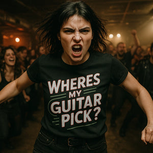 Lifestyle shot of the "Wheres My Guitar Pick" black rock music t shirt in a real-world setting