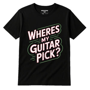 Black Rock Music T Shirt - "Wheres My Guitar Pick" graphic tee with white print, flat lay product photo