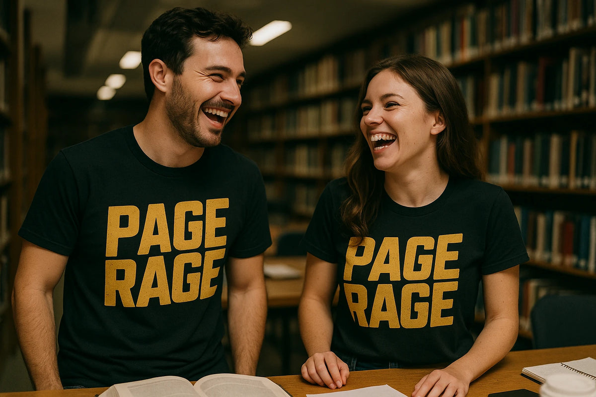Person wearing the black studying t shirt graphic tee - "Page Rage" design
