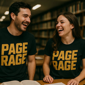 Person wearing the black studying t shirt graphic tee - "Page Rage" design