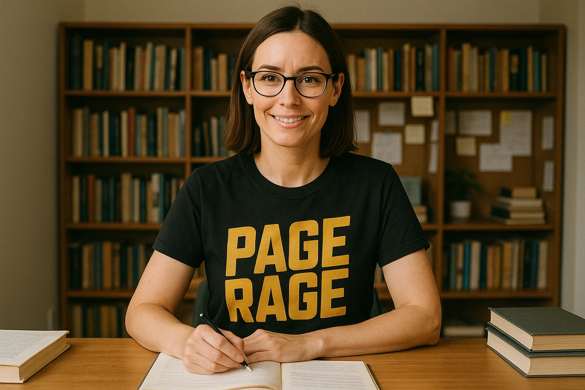 Lifestyle shot of the "Page Rage" black studying t shirt in a real-world setting