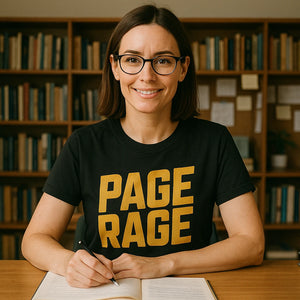 Lifestyle shot of the "Page Rage" black studying t shirt in a real-world setting