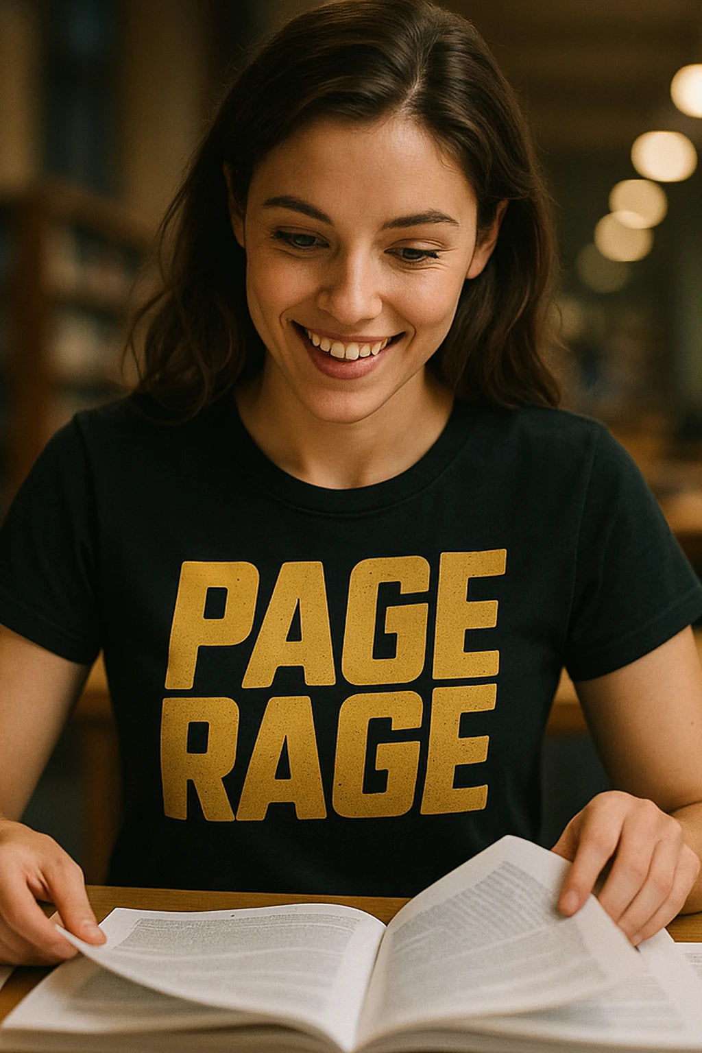 "Page Rage" black studying t shirt, photographed as studying lover gift