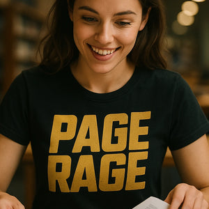 "Page Rage" black studying t shirt, photographed as studying lover gift