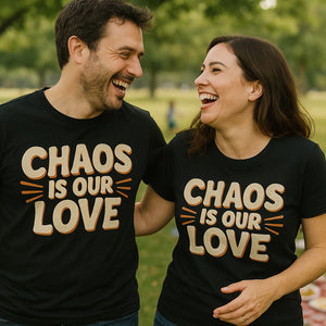 Person wearing the black family life t shirt graphic tee - "Chaos Is Our Love" design