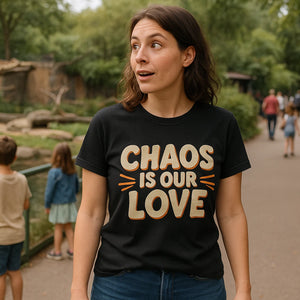Lifestyle shot of the "Chaos Is Our Love" black family life t shirt in a real-world setting