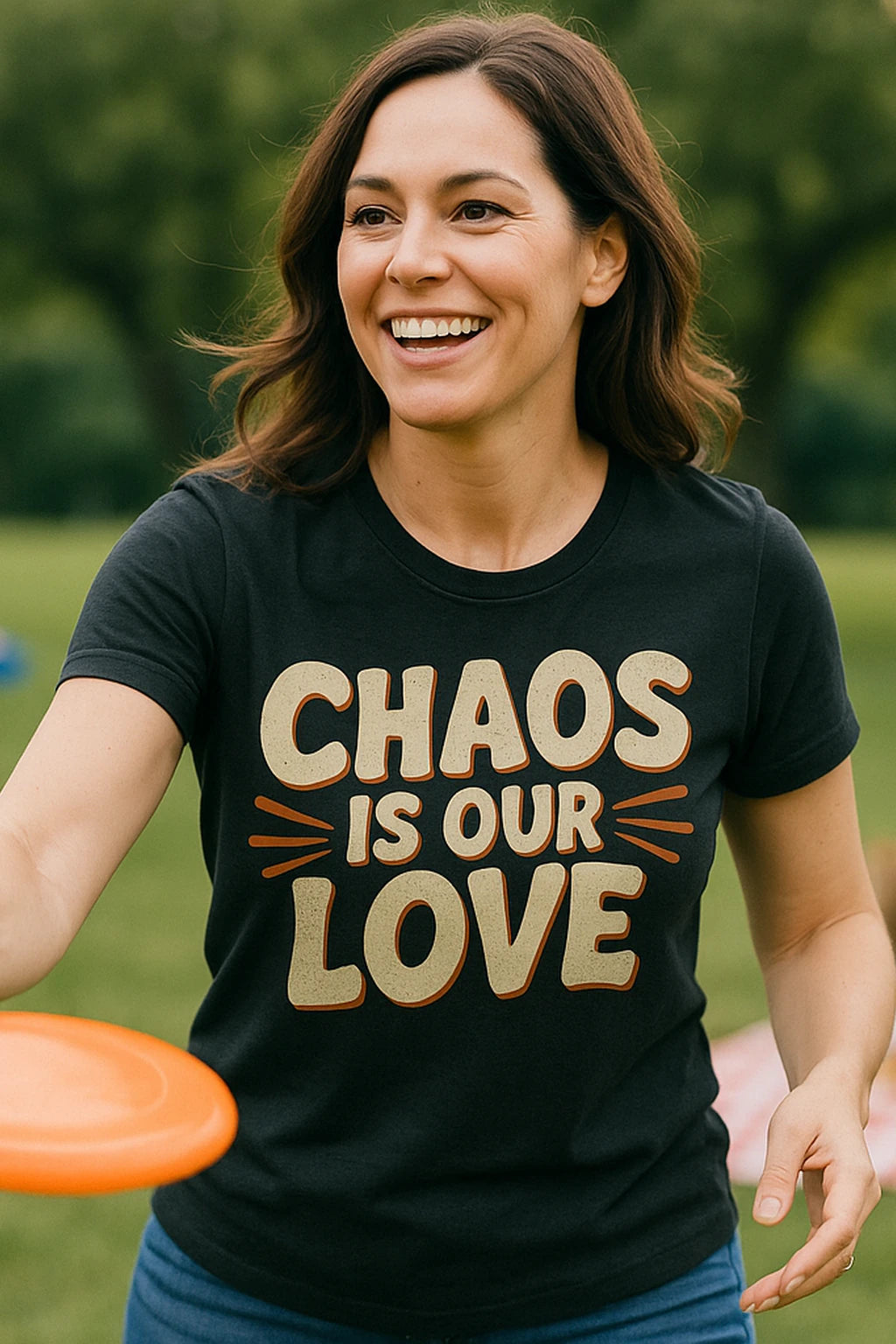 "Chaos Is Our Love" black family life t shirt, photographed as family life lover gift
