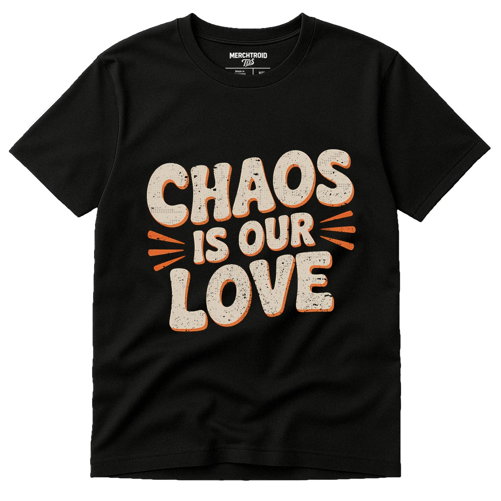 Black Family Life T Shirt - "Chaos Is Our Love" graphic tee with beige print, flat lay product photo