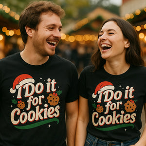 Person wearing the black christmas shirts women graphic tee - "I Do It for Cookies" design