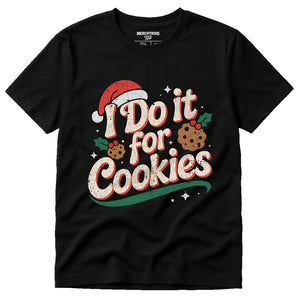 Black Christmas Shirts Women - "I Do It for Cookies" graphic tee with beige print, flat lay product photo